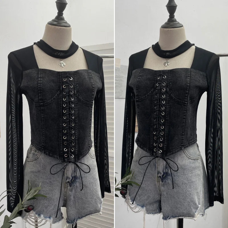 Nigikala Nigikala Hollow Hanging Neck Cowboy Splicing Mesh Strap With Irregular Long-Sleeved T-Shirt Short Top 88882