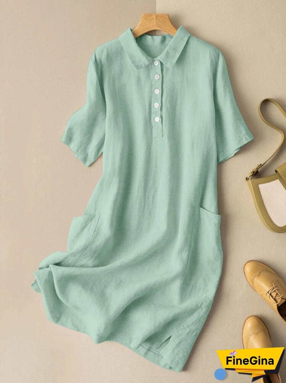 Solid Pocket Button Front Lapel Short Sleeve Dress