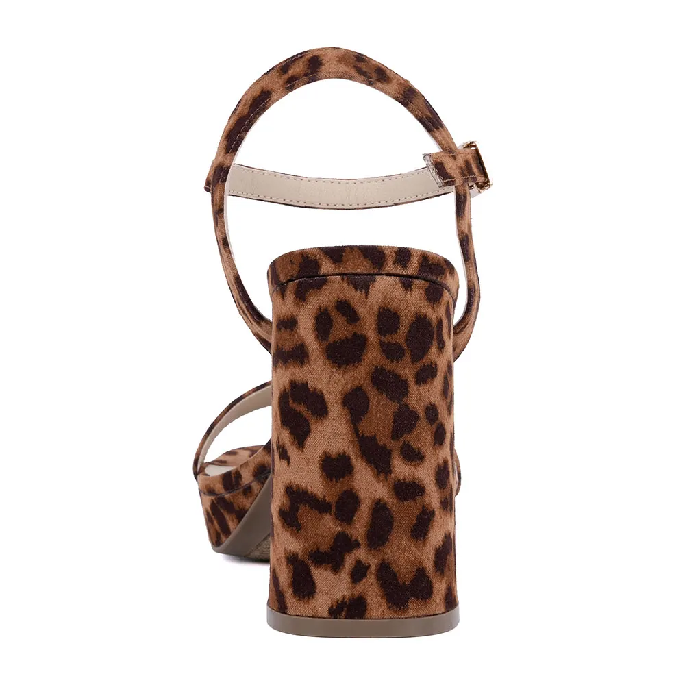 Brown & Black Buckle Ankle Strap Women's Sandals with Leopard Print