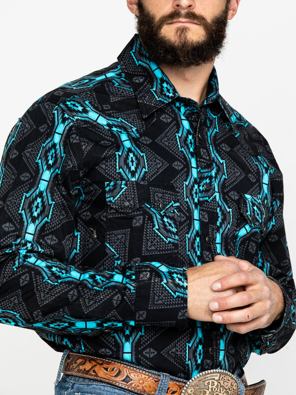 Rock & Roll Denim Men's Teal Vertical Aztec Print Long Sleeve Western Shirt