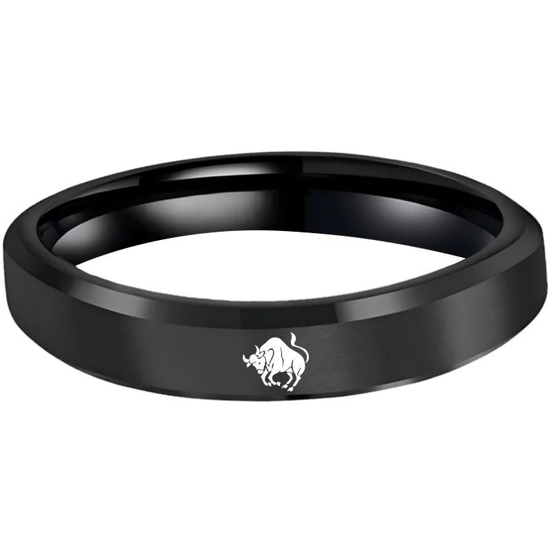 Mens Womens Black Taurus Tungsten Carbide Rings Black Edges and Laser Etched Wedding Bands Comfort Fit 4MM 6MM 8MM