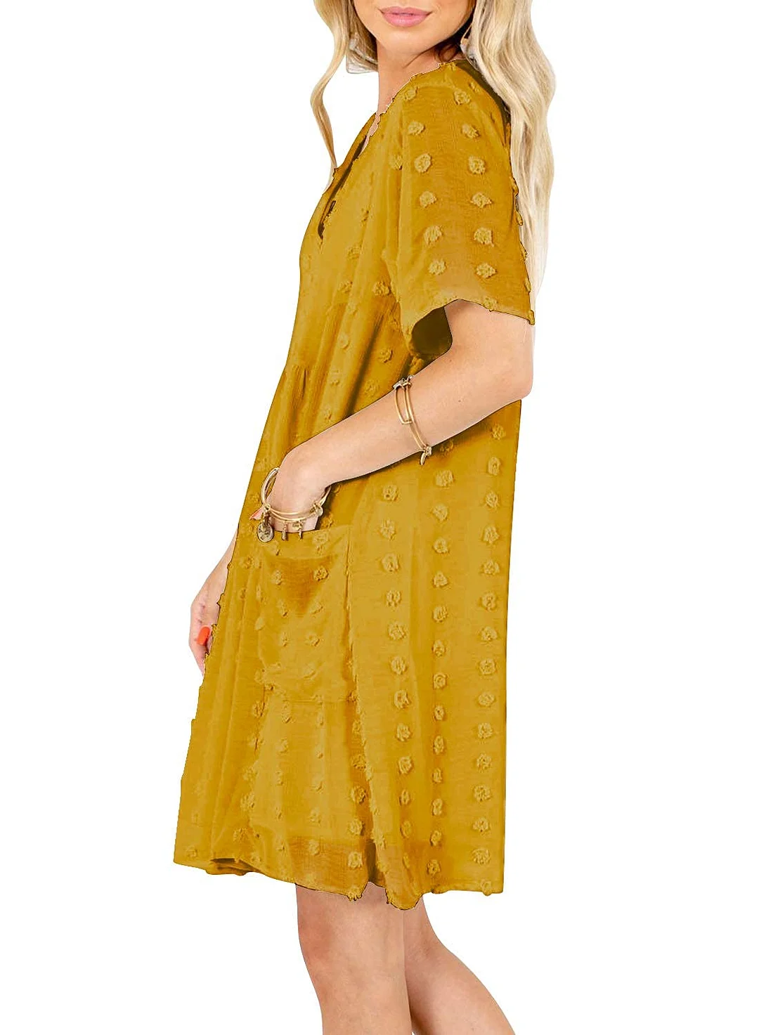 MIHOLL Women's V Neck Short Sleeve Ruffle Loose Summer Flowy Mini Dress