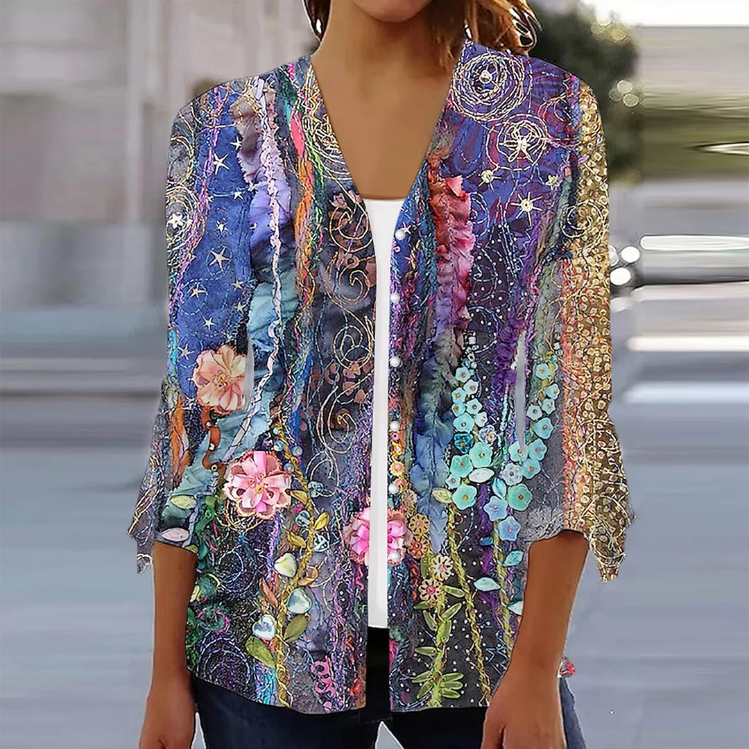 Women's Shirt Blouse White Red Purple Graphic Floral Print 3/4 Length Sleeve Casual Basic V Neck Regular Floral S