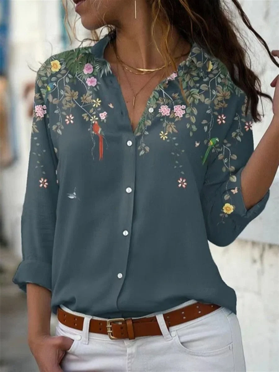 Women's Long Sleeve V-neck Floral Printed Tops