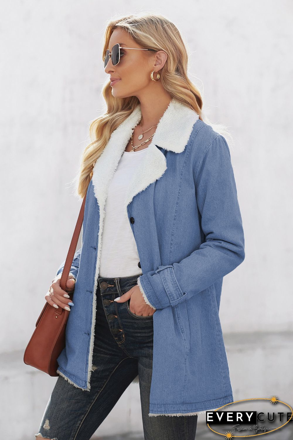 Sky Blue Lapel Collar Button Fleece Jacket