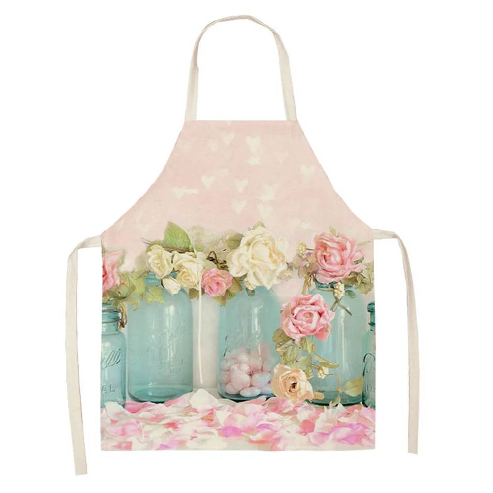 Linen Print Apron - Flowerpots Kitchen Cotton - 68x55cm