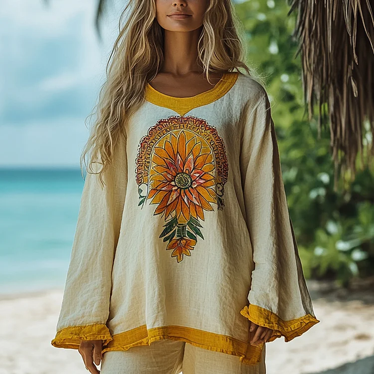 Vintage Bohemian Beach Vacation Linen Long-sleeved Top