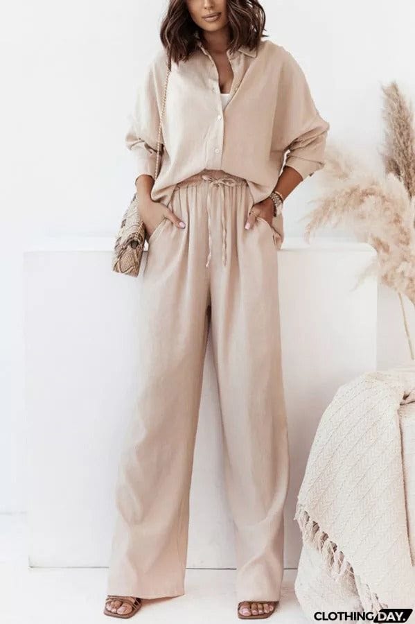 Michelle Cotton Blend Loose Solid Color Shirt Pants Suit