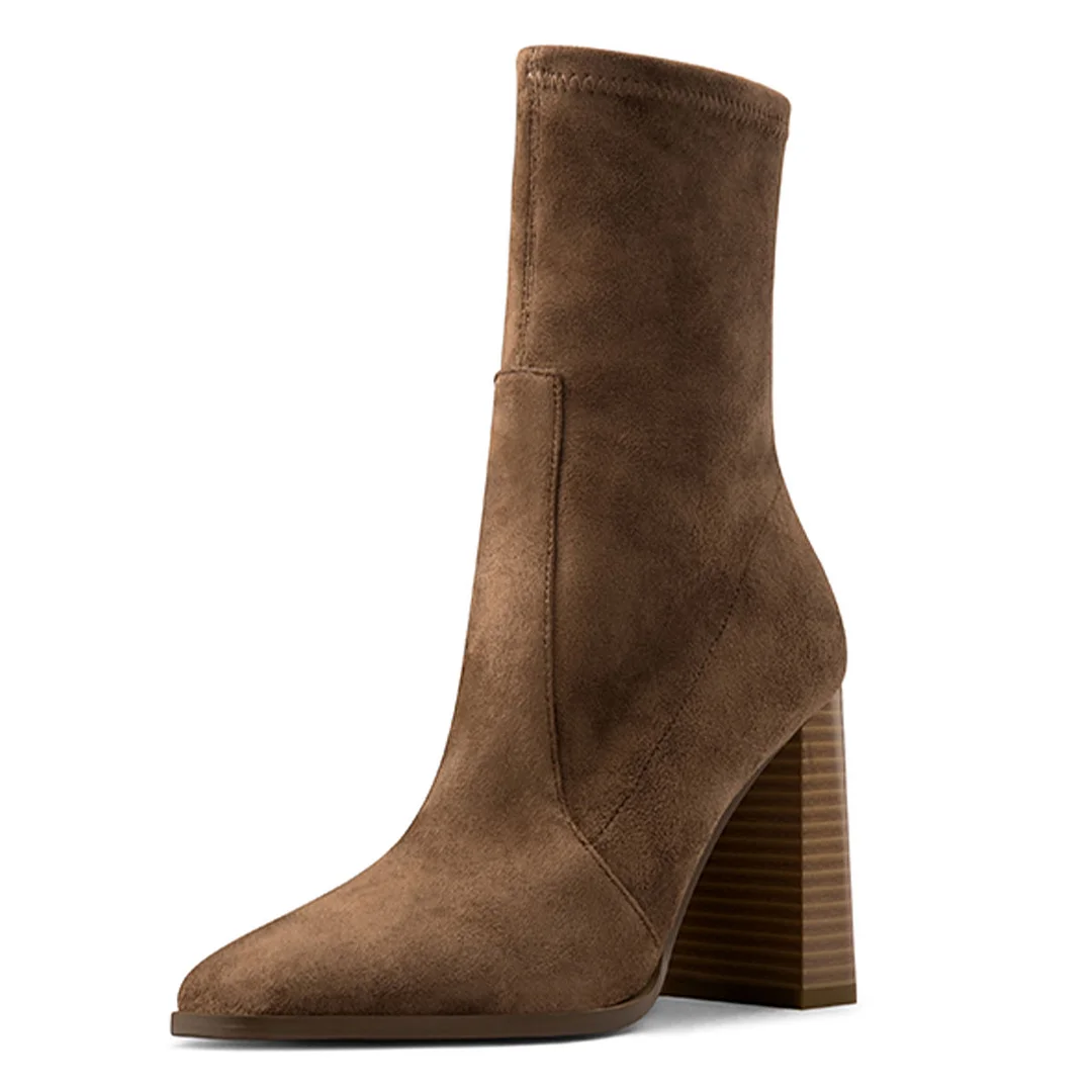 Dark Brown Faux Suede Square Toe Block Heeled Ankle Boots