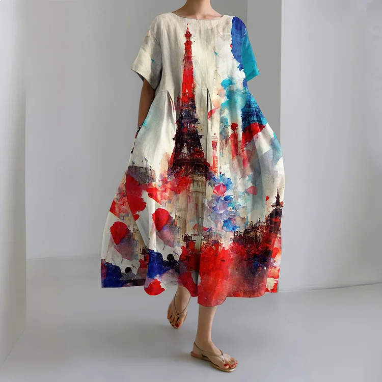 Comstylish Eiffel Tower Art Print Loose Midi Dress