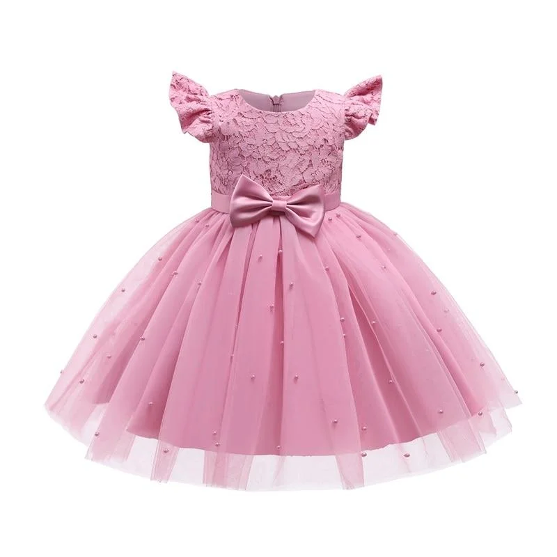 Baby Girl Dress Lace Flower 1st Birthday Beading Dress Newborn Baby Girl Christening Gown Infant Party Princess Pink Vestidos