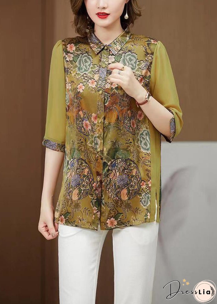 Loose Green Peter Pan Collar Print Silk Blouses Half Sleeve