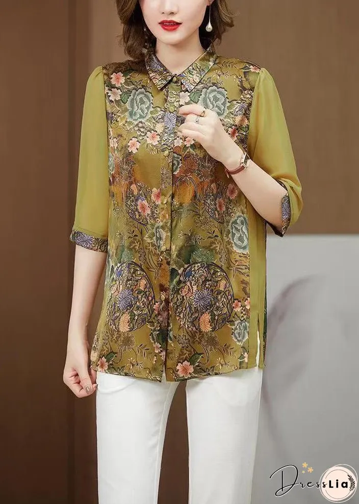 Loose Green Peter Pan Collar Print Silk Blouses Half Sleeve