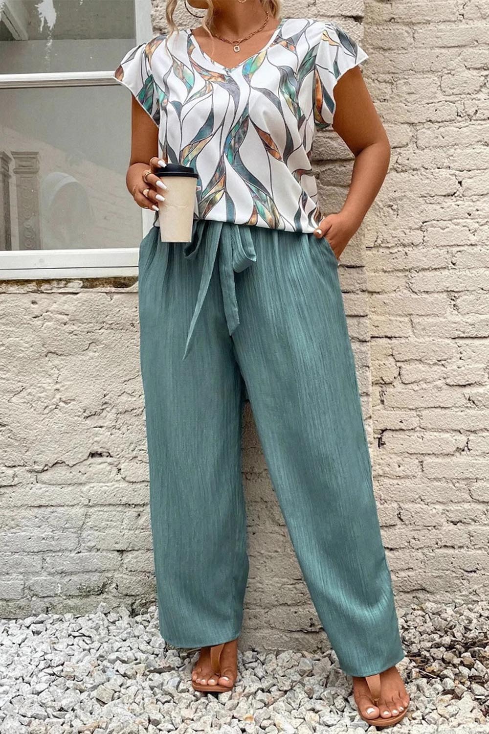 Plus Size Everyday Peacock Green Leaf Print Drawstring Straight Leg Two Piece Pant Suit 2024 - Flycurvy 