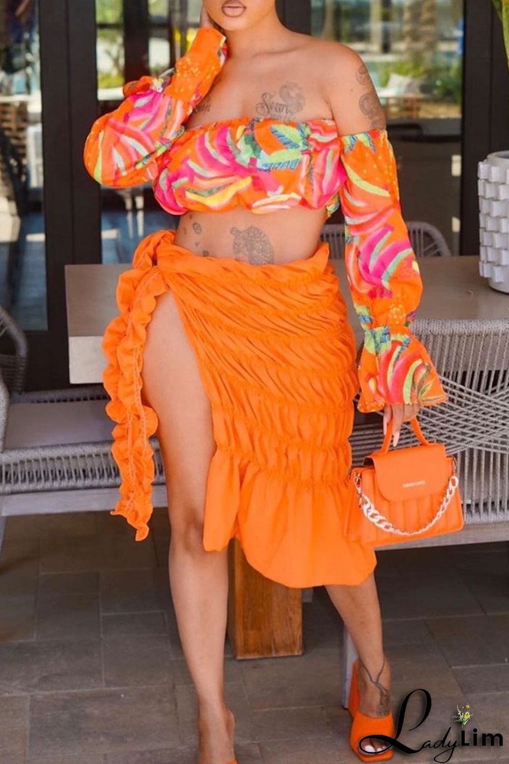 Orange Fashion Sexy Print Backless Slit Off the Shoulder Long Sleeve Two Pieces