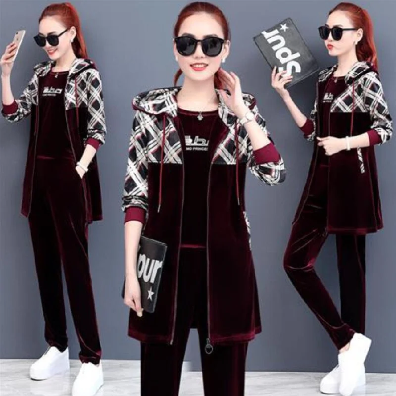 Velvet sports casual suit women long sleeve spring and autumn thin fashion 2021 new three-piece suit temperament fashion