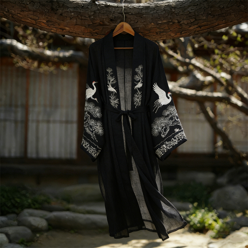 Classy Cranes & Pine Trees Tied Flowy Linen Long Kimono wearshes
