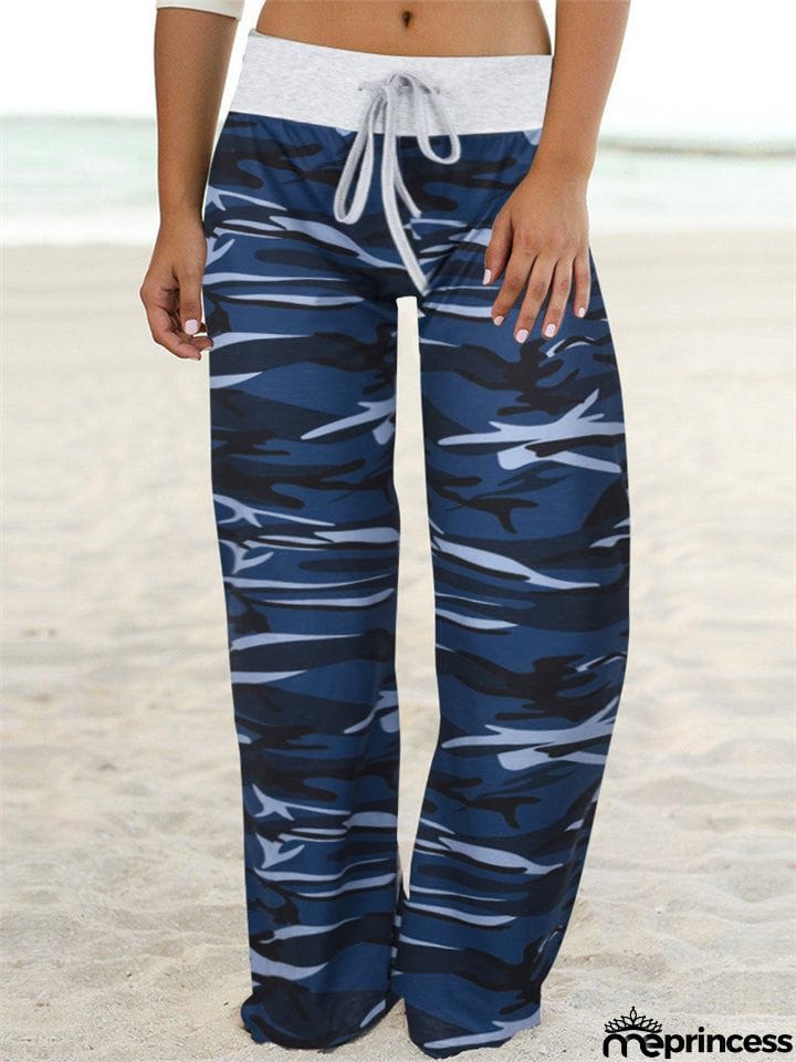 Comfortable Camouflage Print Drawstring Wide-Leg Pants