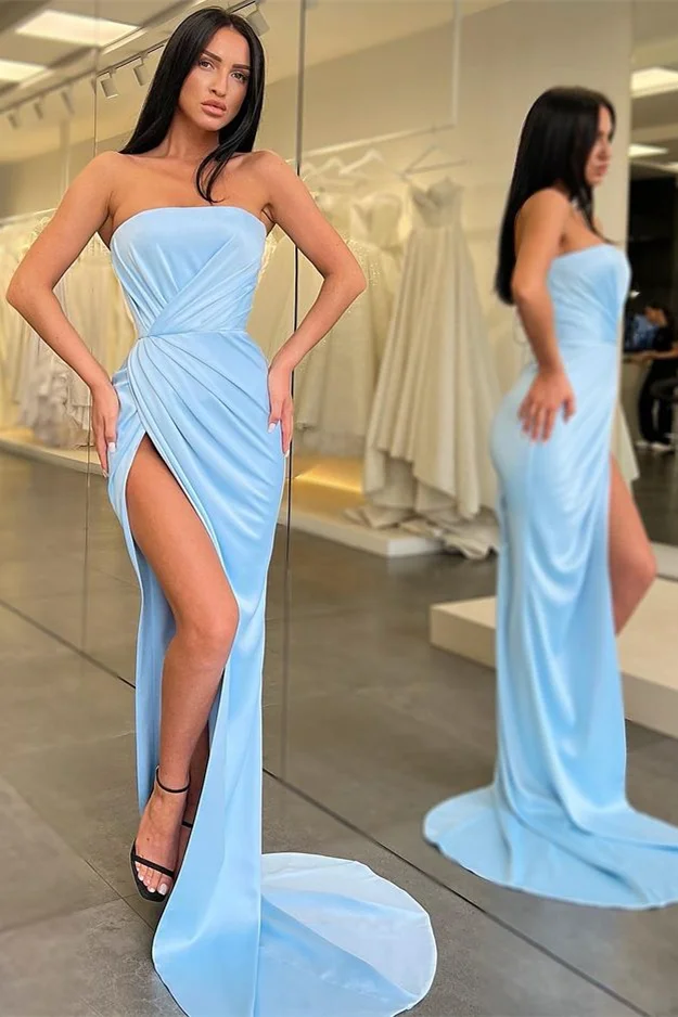 Bellasprom Sky Blue Pleated Prom Dress Mermaid Long With Slit Strapless