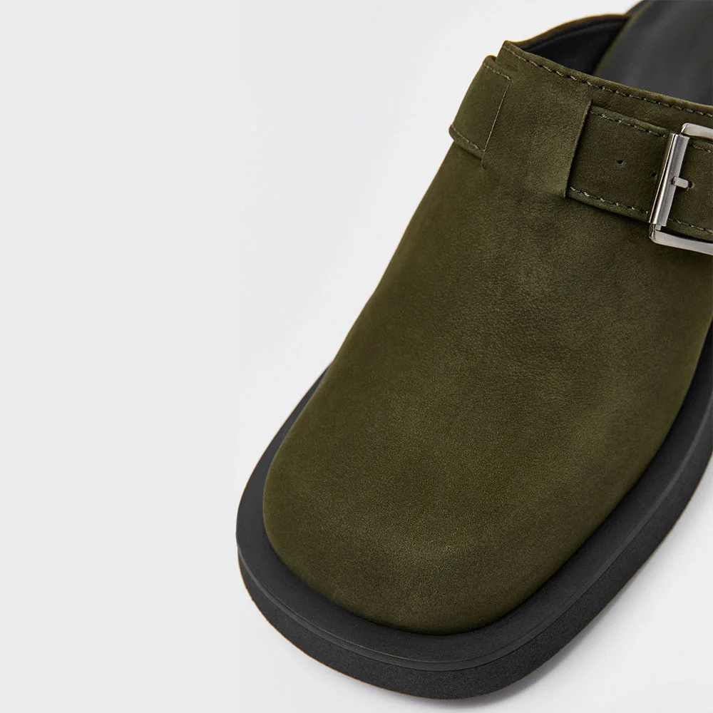 Casual Olive Square Toe Buckled Clogs Block Heeled Mules for Women