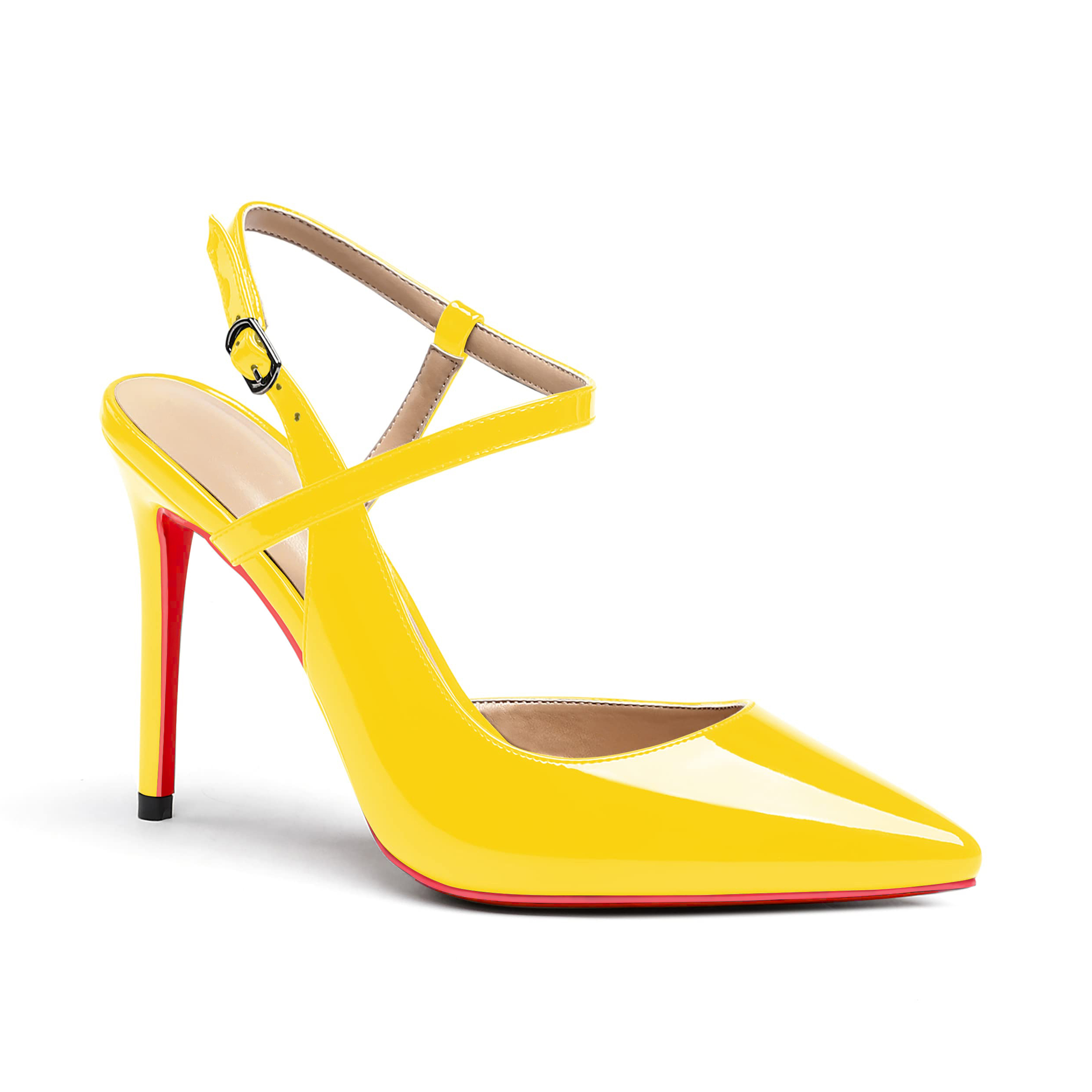 100mm Women Slingback Patent Pumps Ankle Strap Jenlove Stiletto Mid Heel Close Pointed Toe Dress Red Bottoms Shoes VOCOSI James Yang