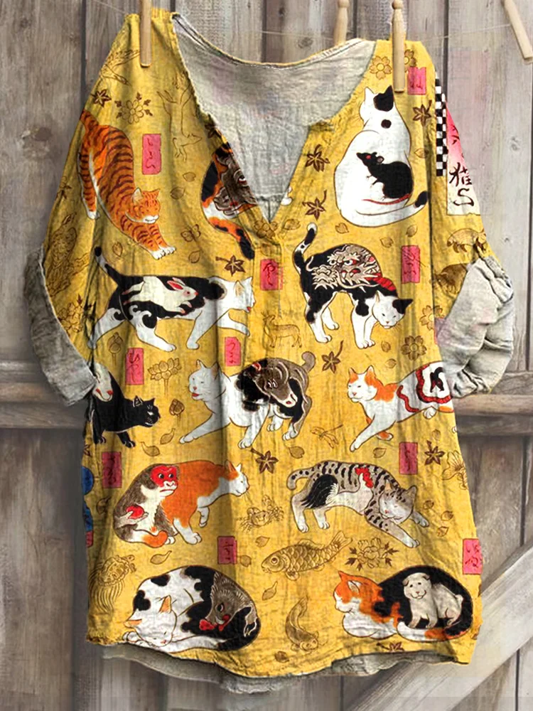 Japanese Art Cat Print Cotton Blend T-Shirt
