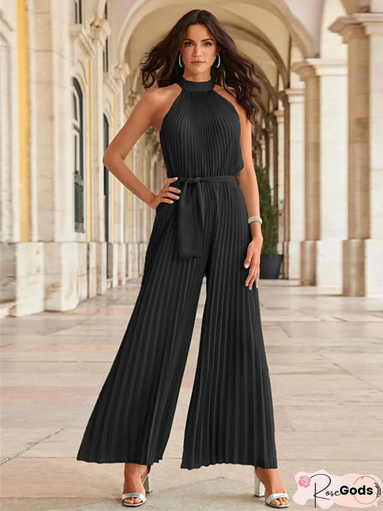 Sexy Halter Sleeveless Pleated Jumpsuit