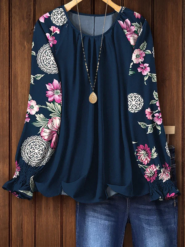 Retro Floral Patchwork Gathered Cuffs Top