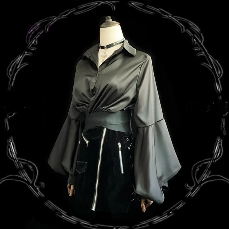 Harajuku Gothic Black Retro Flare Sleeve Turn-down Collar Blouse SP17374