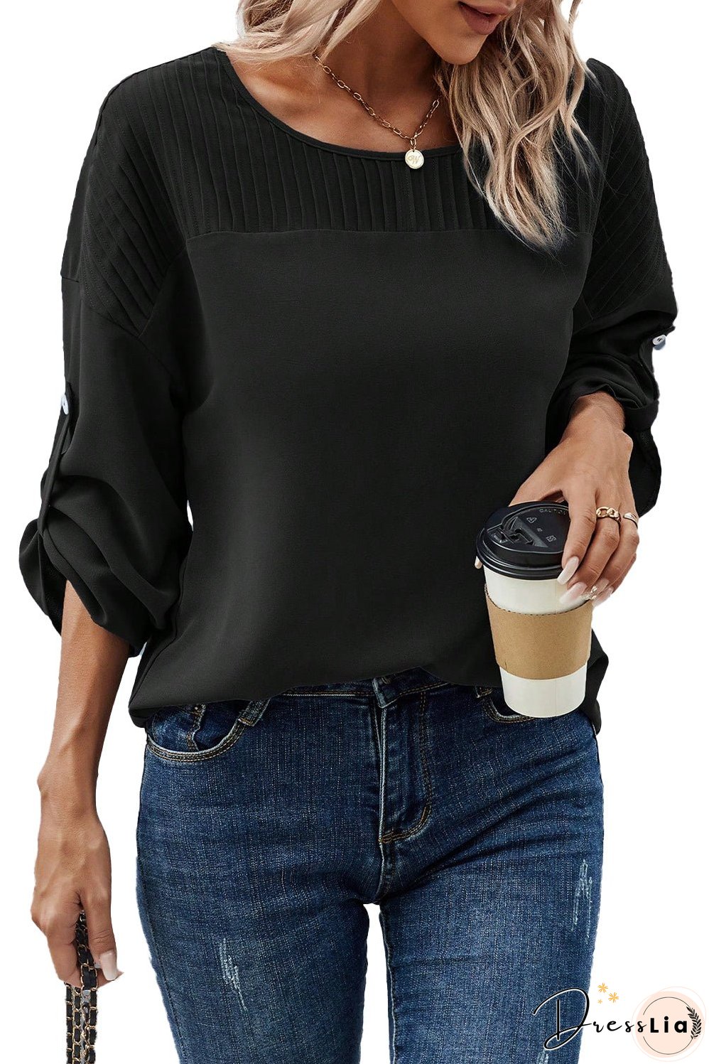 Elegant Black Stitched Sleeve Round Neck Blouse