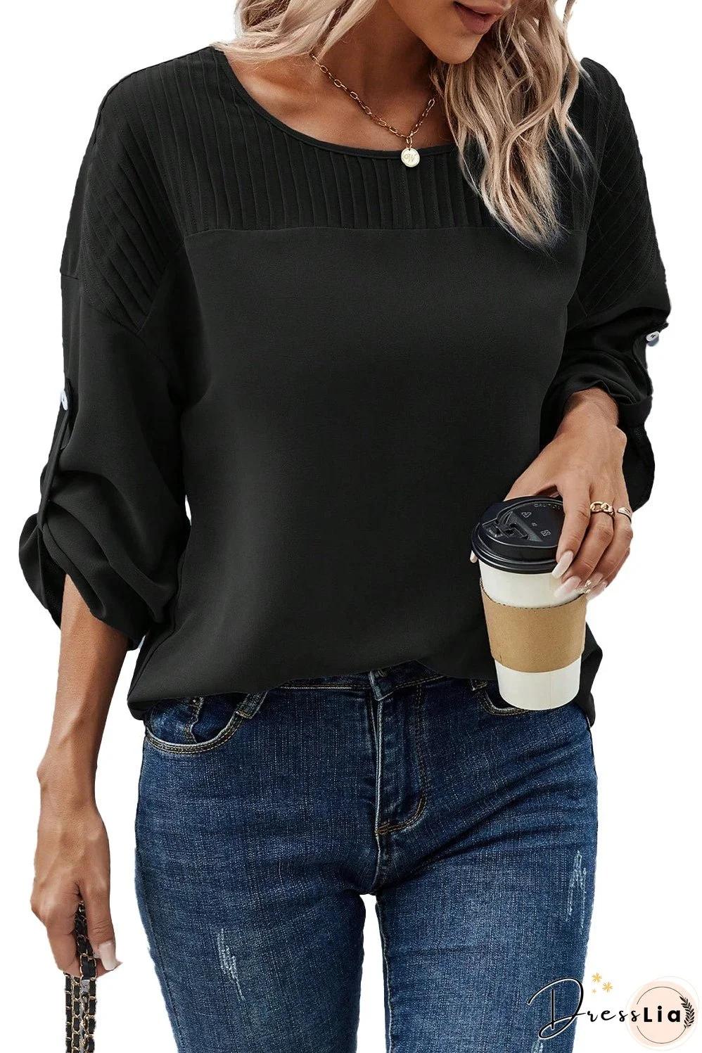 Elegant Black Stitched Sleeve Round Neck Blouse