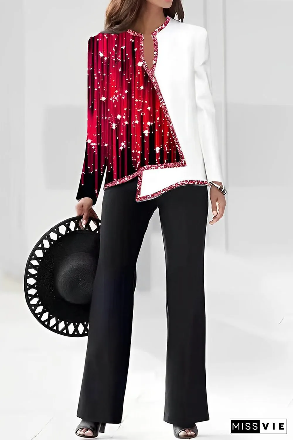 Casual Print Asymmetrical V Neck Long Sleeve Two Pieces