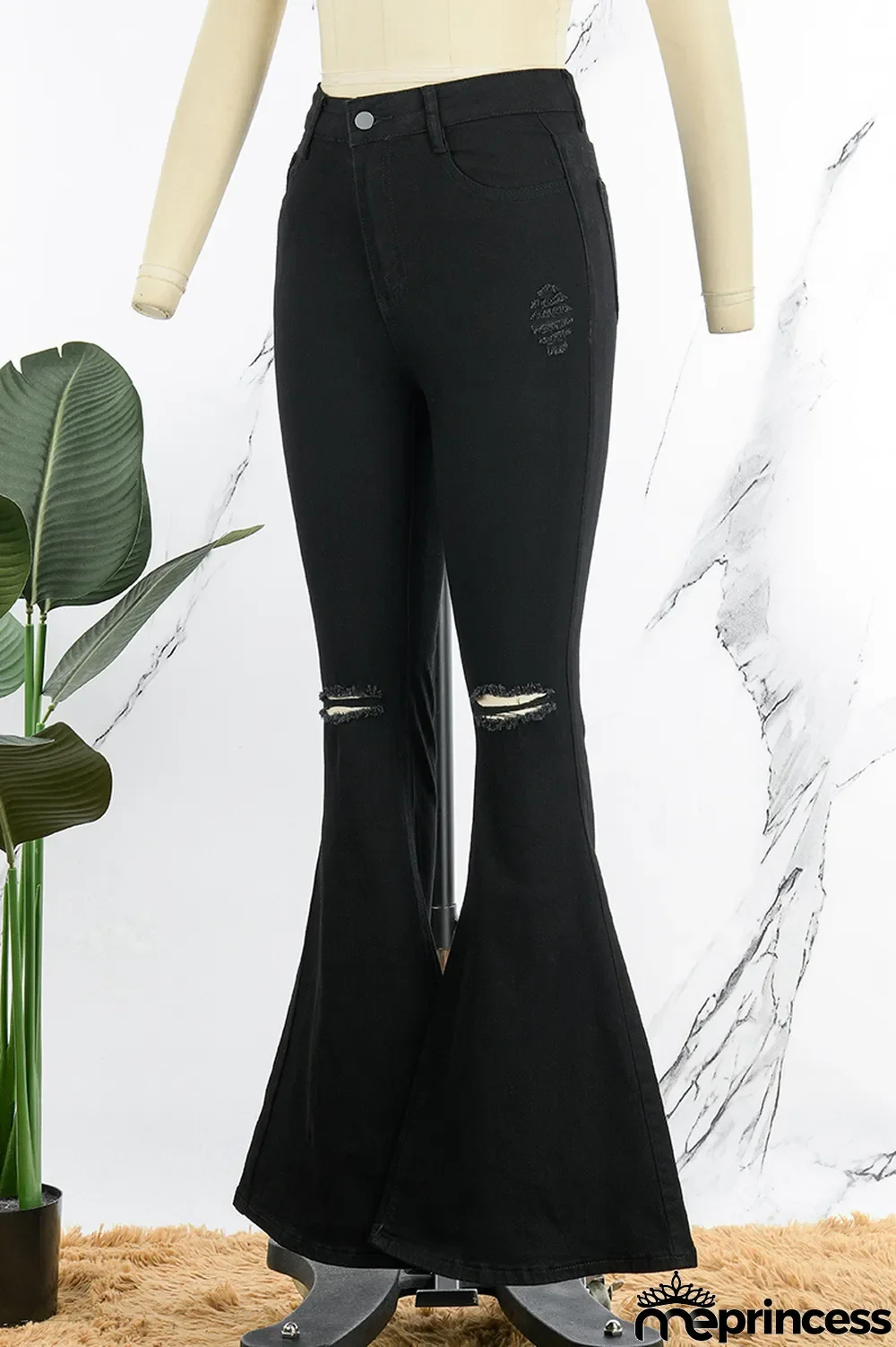 Black Casual Solid Ripped High Waist Boot Cut Denim Jeans