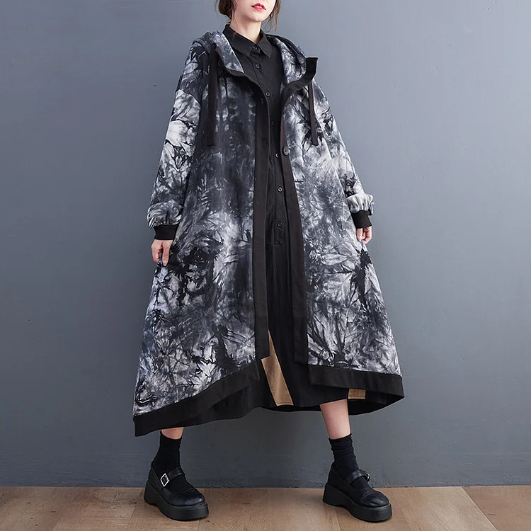 Vintage Print Hooded Long Sleeve Windbreaker Coat - yankia