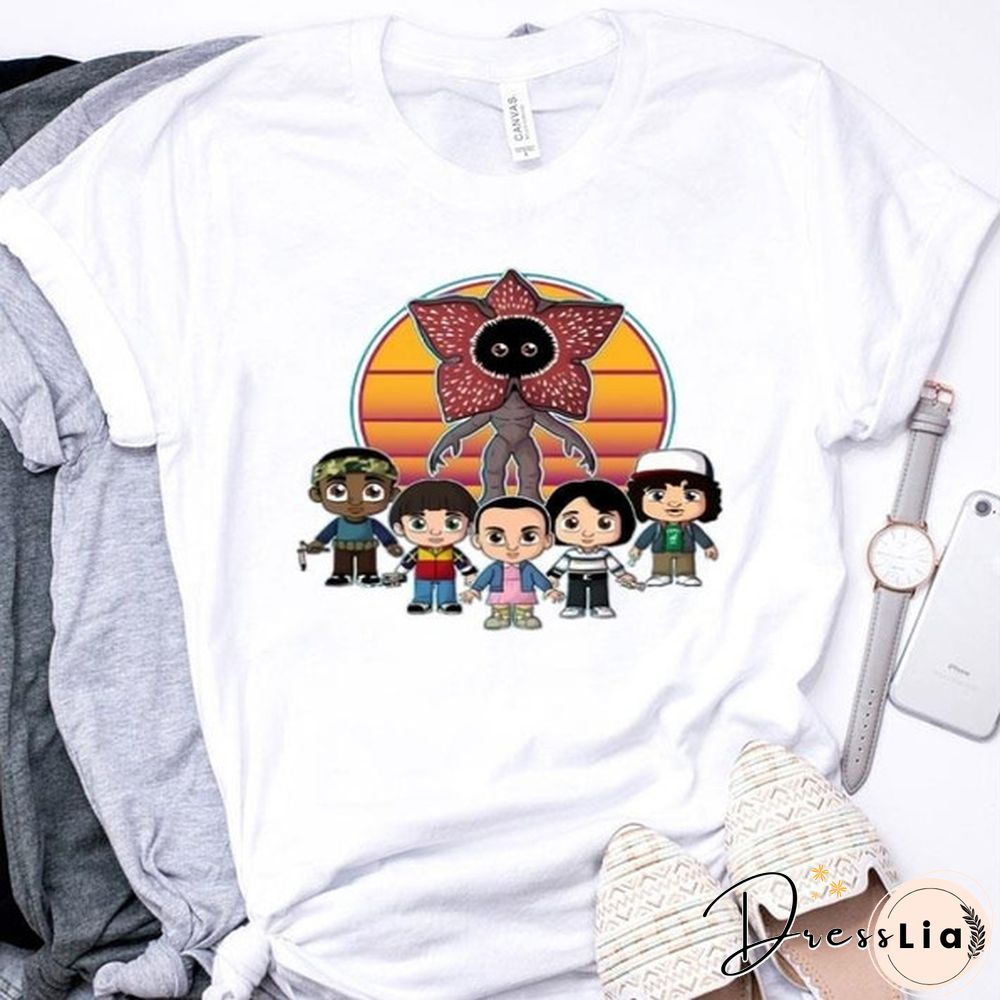 Stranger Things Demogorgon And Characters Chibi Shirt, Shortsleeve T-Shirt