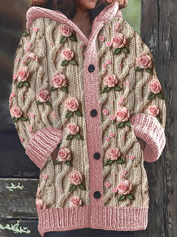 Vintage Pink Rose Embroidery Art Cozy Knit Hooded Cardigan