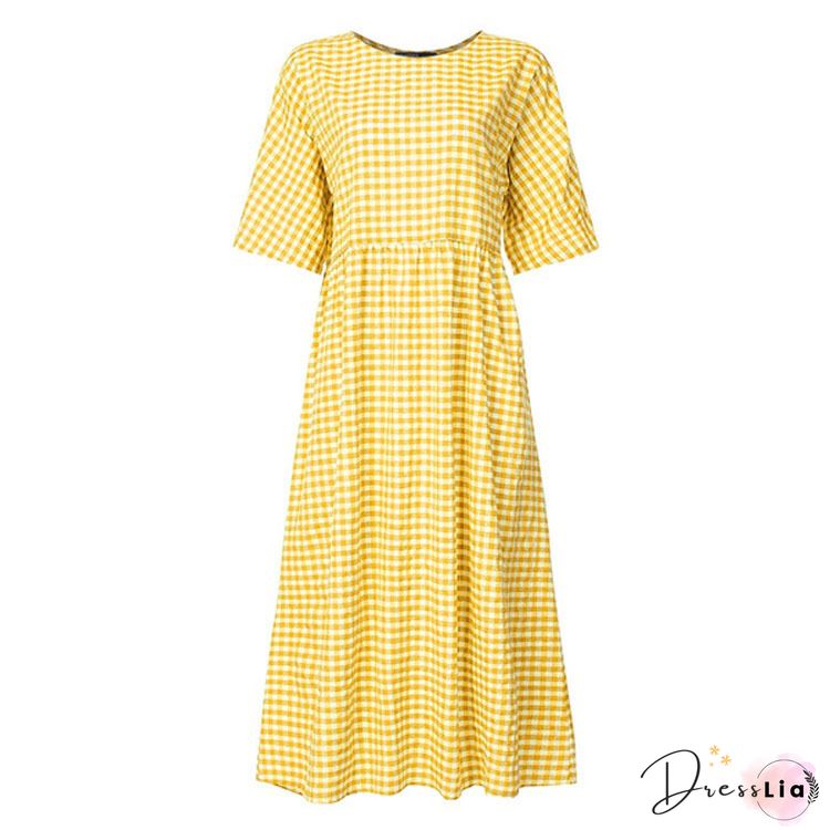 Elegant Lapel High Waist Ladies Cotton Linen Dress Fashion Commuter Plaid Print Tie-Up