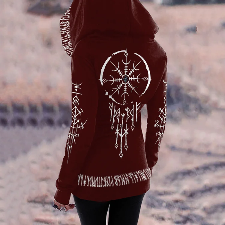 Tribal Totem Text Print Retro Zip Hoodie