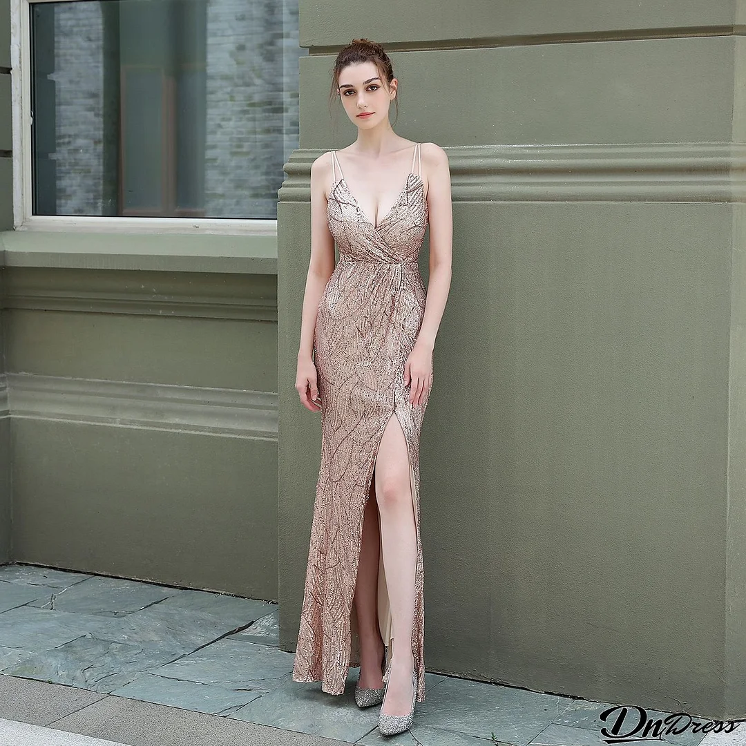 Sequined Mermaid Dress Straps Formal Party Evening Dress