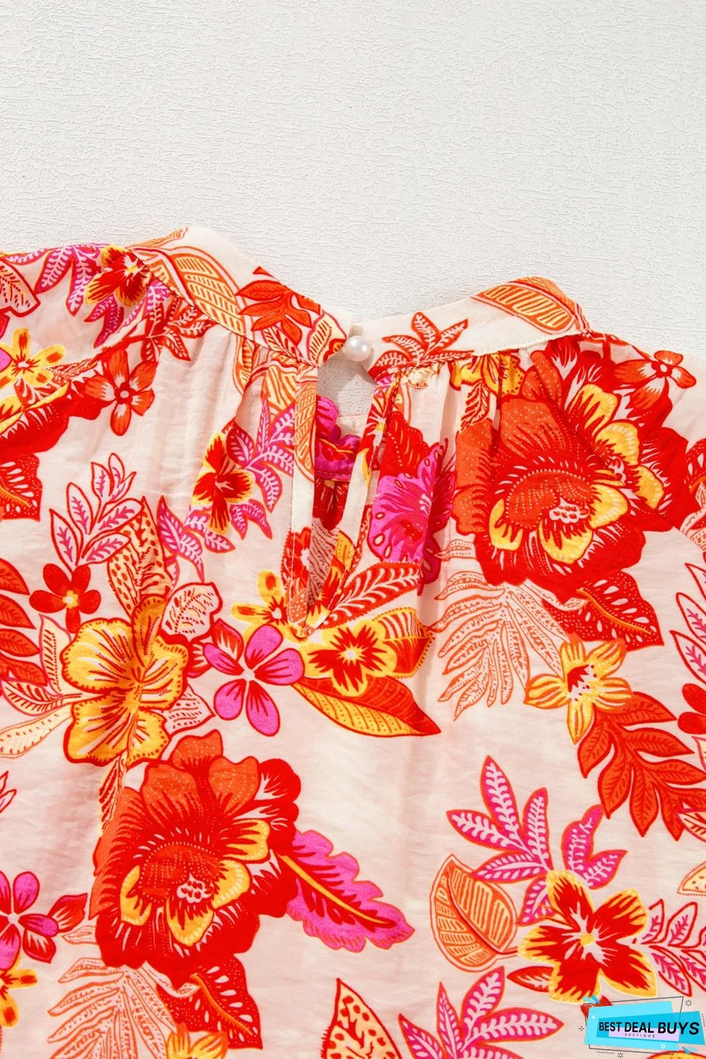 Orange Floral Print Pearl Button Keyhole Long Puff Sleeve Blouse