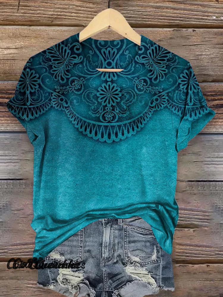 Vintage Floral Print Casaul Short Sleeve T-Shirt Multicolor / S