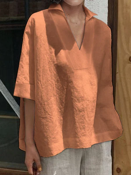 Women Half Sleeve V-neck Solid Color Tops