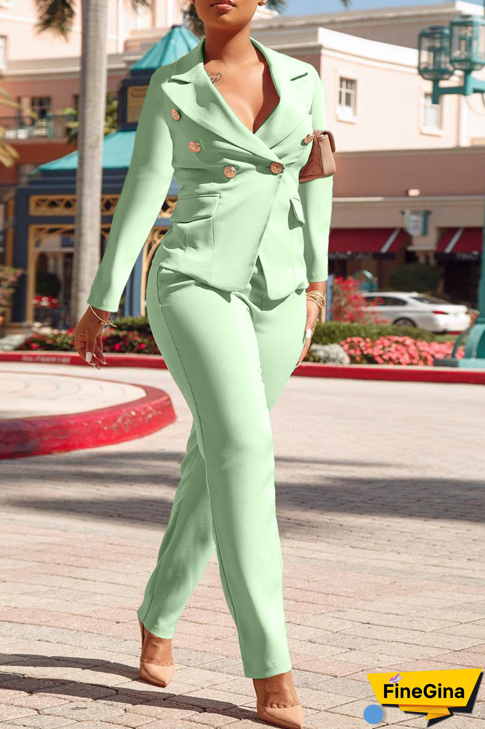 Pink Fashion Solid Buckle Turndown Collar Long Sleeve Two Pieces