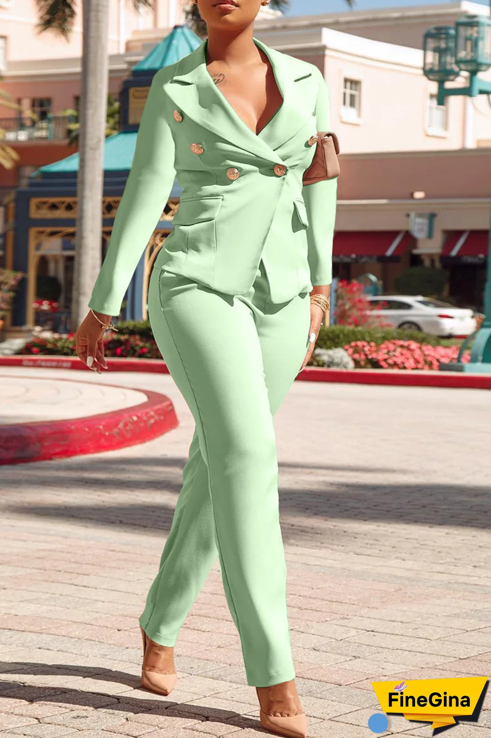 Pink Fashion Solid Buckle Turndown Collar Long Sleeve Two Pieces