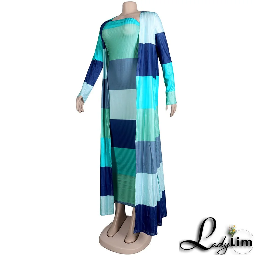 Plus Size Women Ribbed Print Colorblock Dress + Long Coat