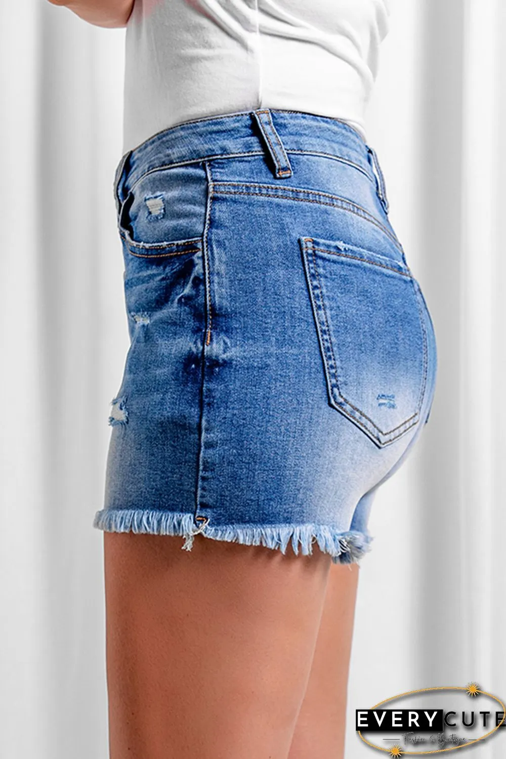 Sky Blue Ripped Tasseled Hem Buttons Jean Shorts