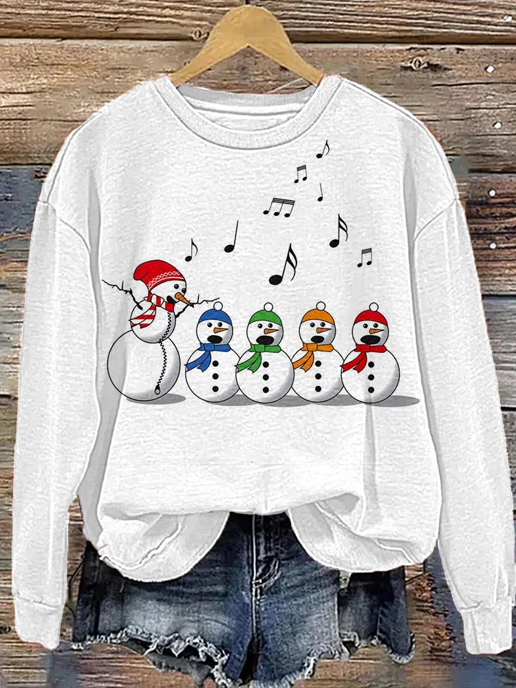 Christmas Snowman Music Notes Print Casual Cozy Sweatshirt
