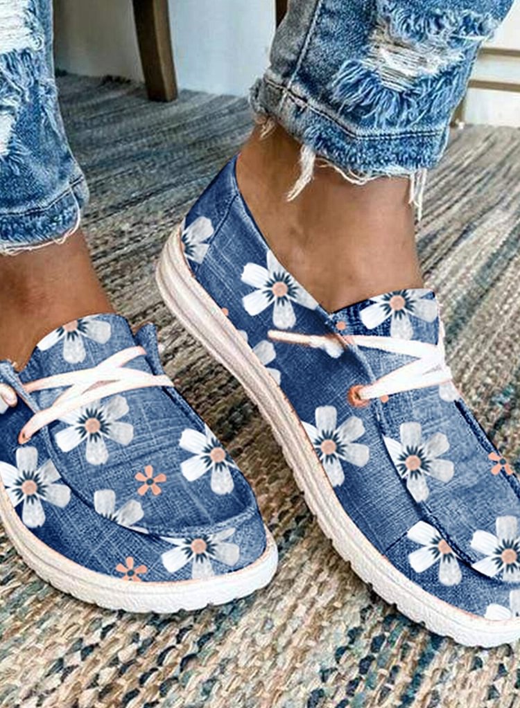 Women's Sneakers Floral Print Lace-up Canvas Sneakers -loafers