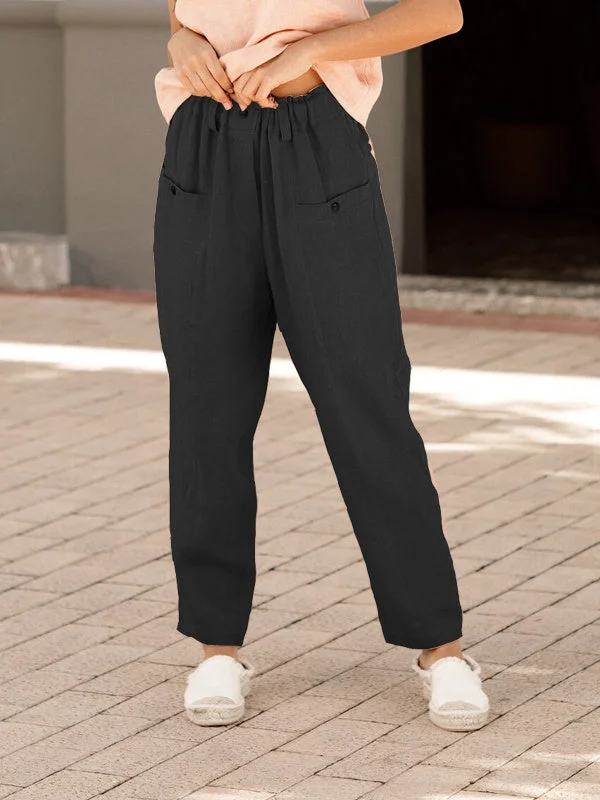 Women's Button Cotton Linen Elastic Waist Loose Casual Pants Homewear