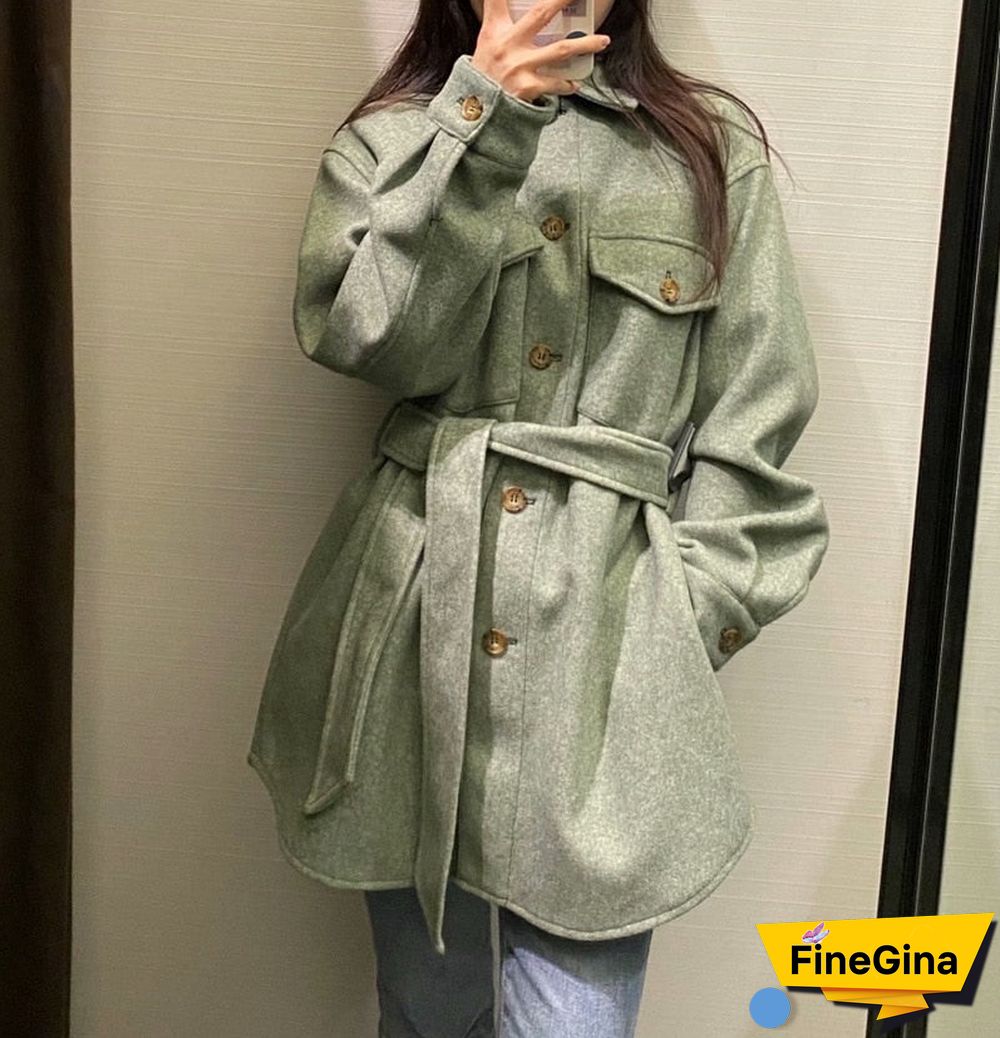 Autumn Winter Women's Vintage Woolen Coat Chic Sashes Long Sleeve Elegant Shirt Jacket Female Outwear Tops Casual Loose Overcoat
